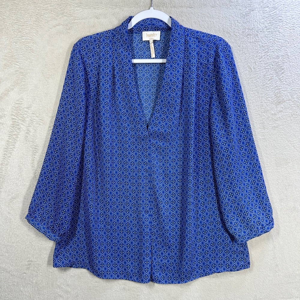 Laundry by Shelli Segal Blue Geometric Tile Print V-Neck Chiffon Blouse Top Sz L